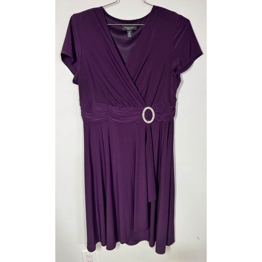 R & M Richard's Short Sleeve Purple Faux Wrap Dress Women's 16 Rhinestone Accent